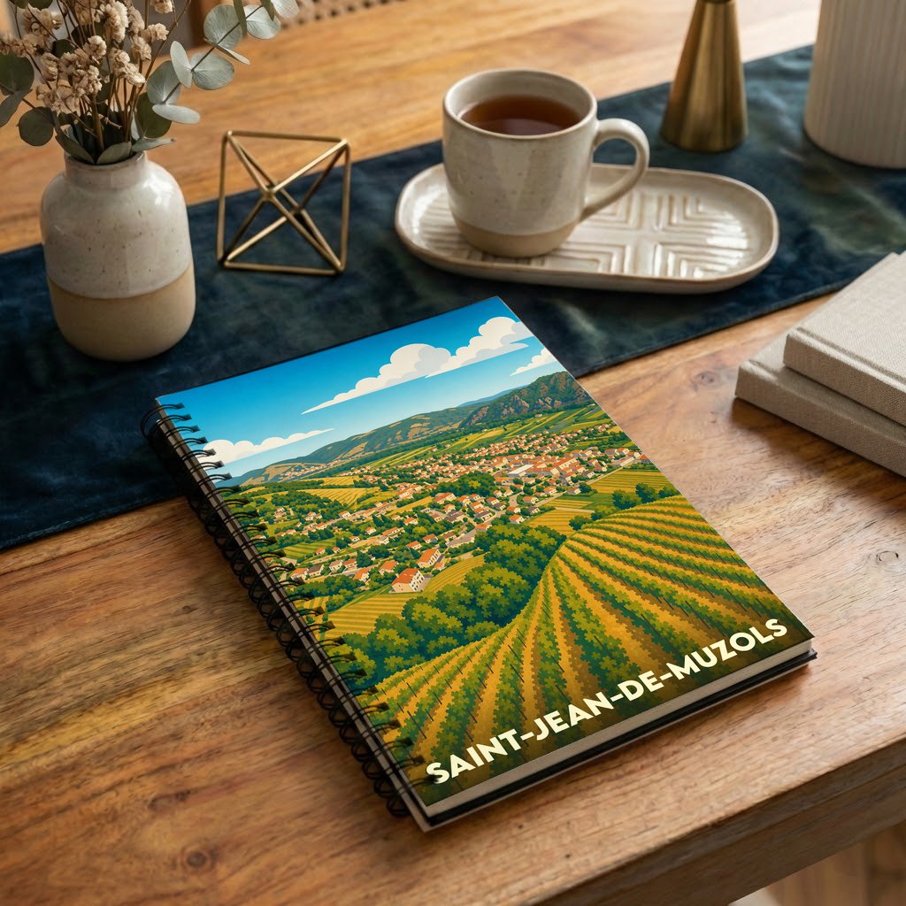 Carnet souvenir de la ville de Saint-Jean-de-Muzols avec une illustration stylisée de ses paysages et vignobles.