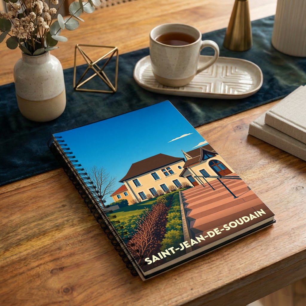 Carnet à spirales souvenir de la ville de Saint-Jean-de-Soudain avec une illustration stylisée.