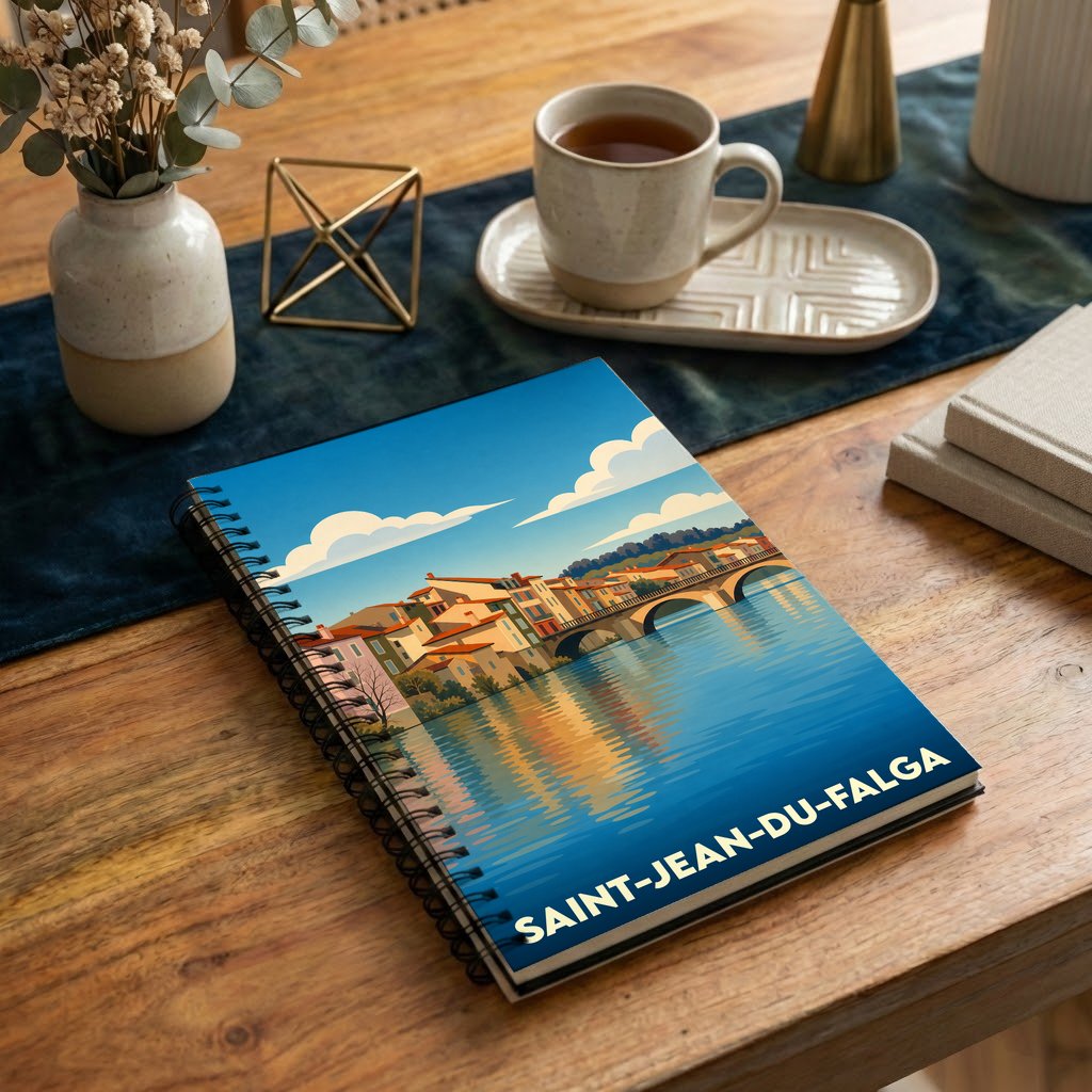 Carnet souvenir de la ville de Saint-Jean-du-Falga avec une illustration stylisée de son pont et de ses reflets sur l'eau.