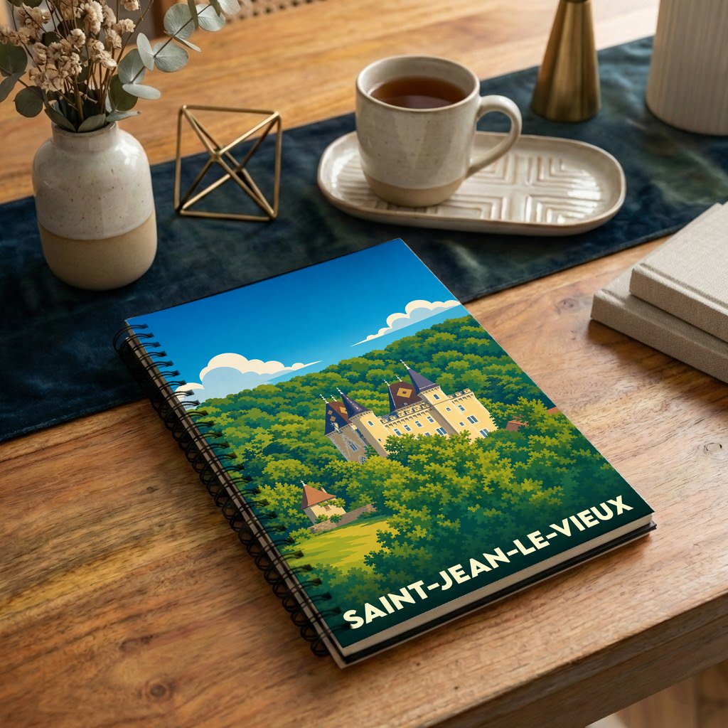 Carnet souvenir de Saint-Jean-le-Vieux illustré d'un château niché dans une forêt verdoyante.