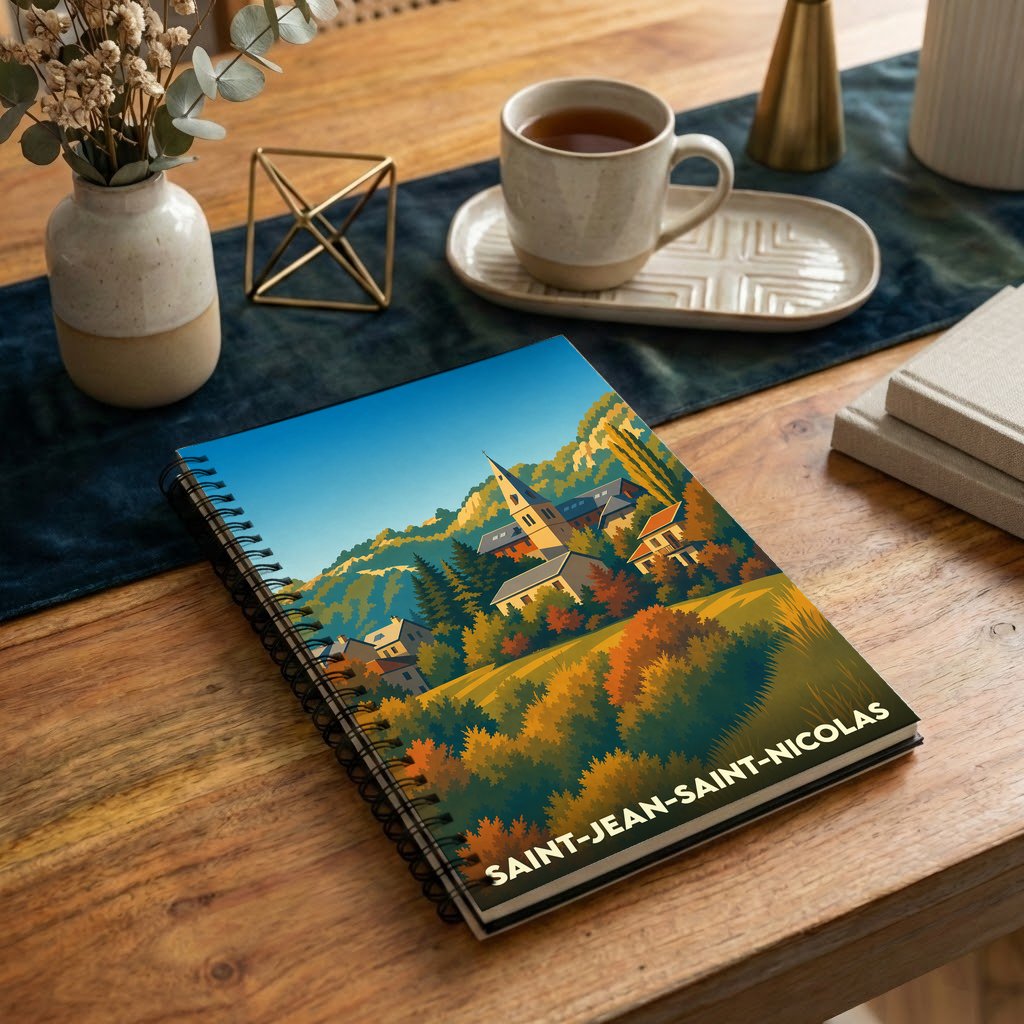 Carnet souvenir de la ville de Saint-Jean-Saint-Nicolas avec une illustration stylisée de son paysage vallonné.