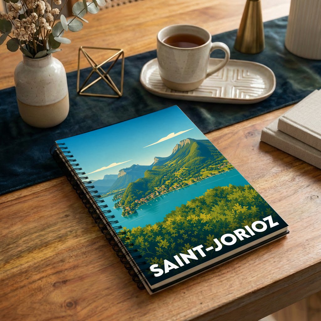 Carnet à spirales souvenir de la ville de Saint-Jorioz avec une illustration stylisée du lac d'Annecy et des montagnes.