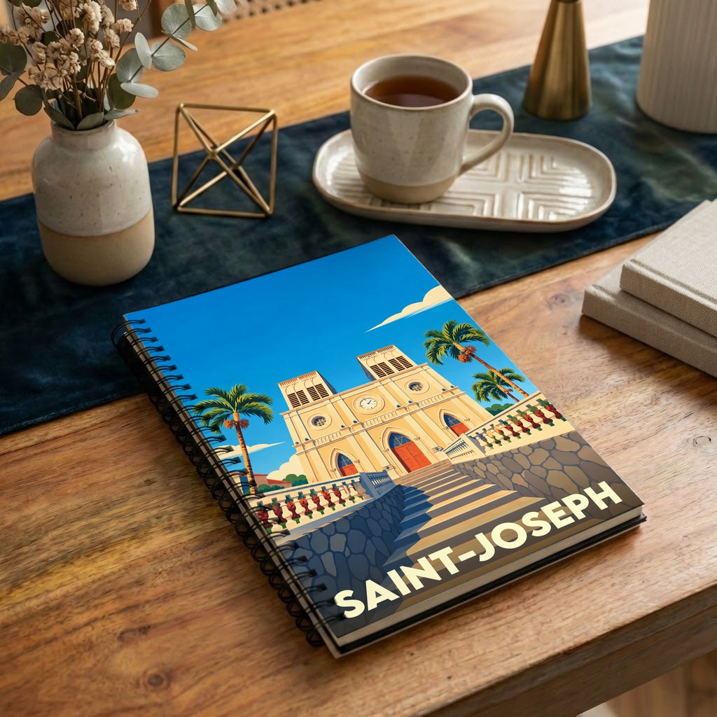 Carnet souvenir à spirale de la ville de Saint-Joseph avec une illustration stylisée de son église.