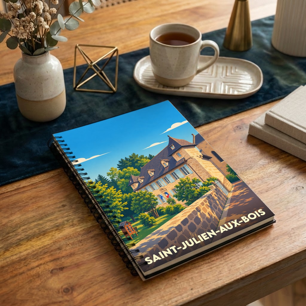 Carnet de notes à spirales avec une illustration stylisée de Saint-Julien-aux-Bois.