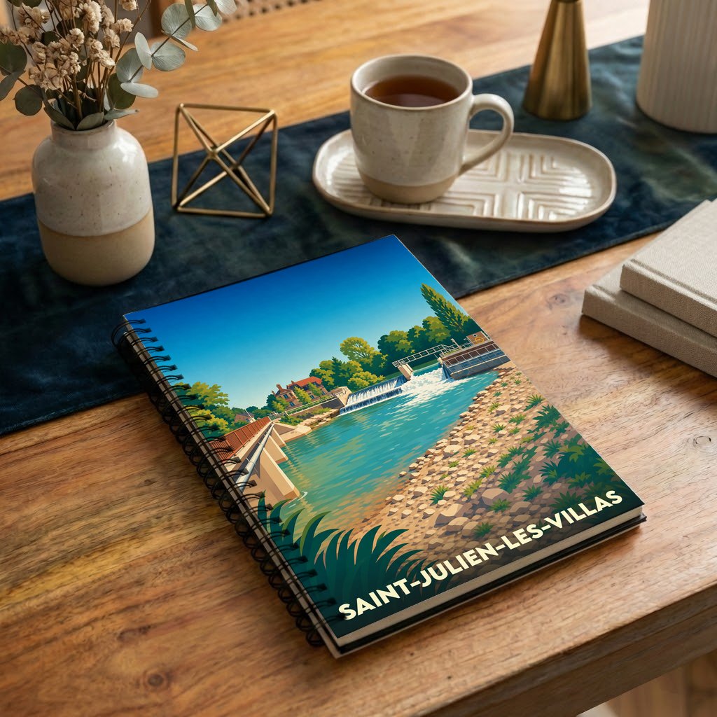 Carnet à spirales souvenir de la ville de Saint-Julien-les-Villas avec une illustration stylisée de son paysage fluvial.