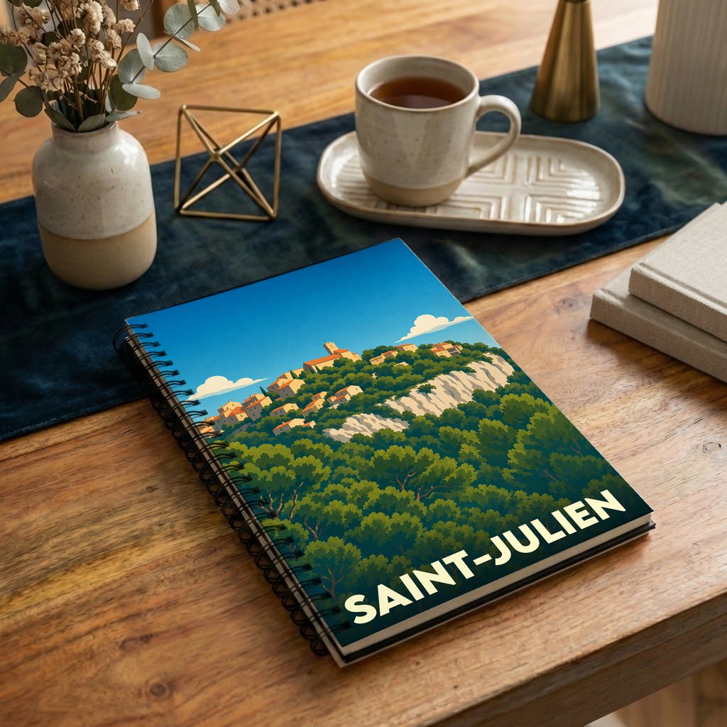 Carnet souvenir de la ville de Saint-Julien avec une illustration stylisée d'un village perché.