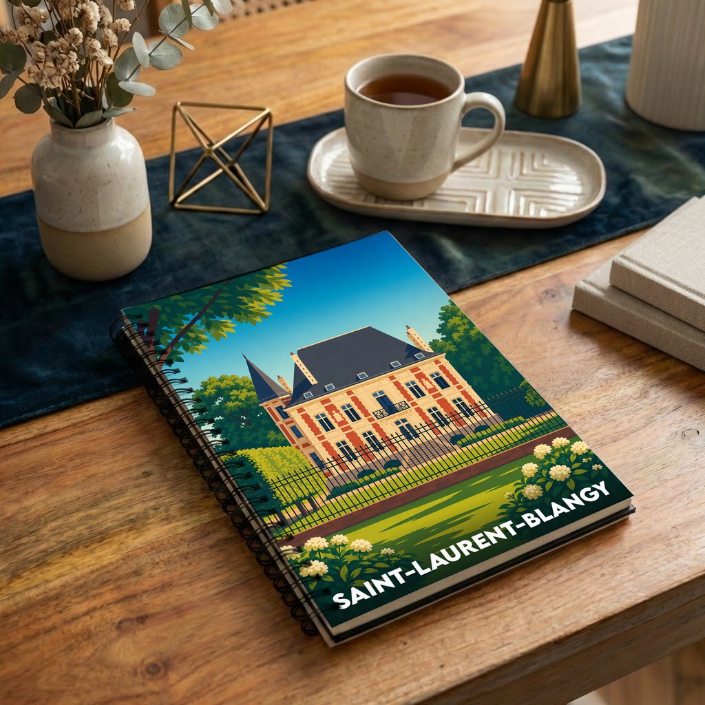 Carnet à spirales souvenir de la ville de Saint-Laurent-Blangy avec une illustration stylisée d'un château.
