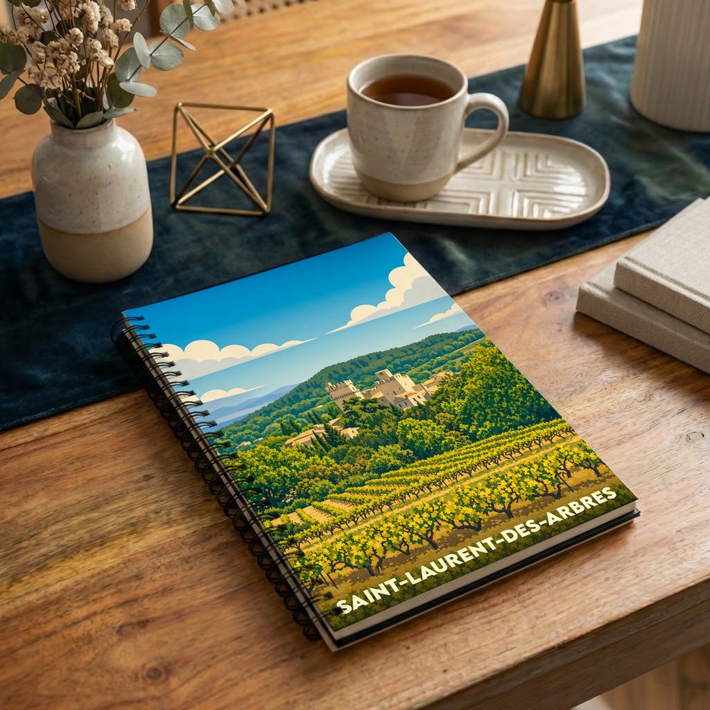 Carnet souvenir de la ville de Saint-Laurent-des-Arbres avec une illustration stylisée de son paysage et de ses vignobles.