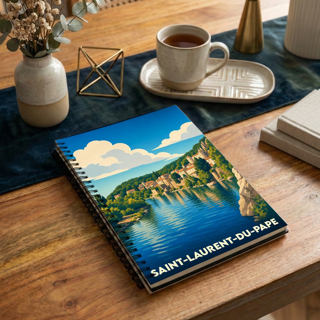 Carnet à spirales souvenir de la ville de Saint-Laurent-du-Pape avec une illustration de paysage stylisée.