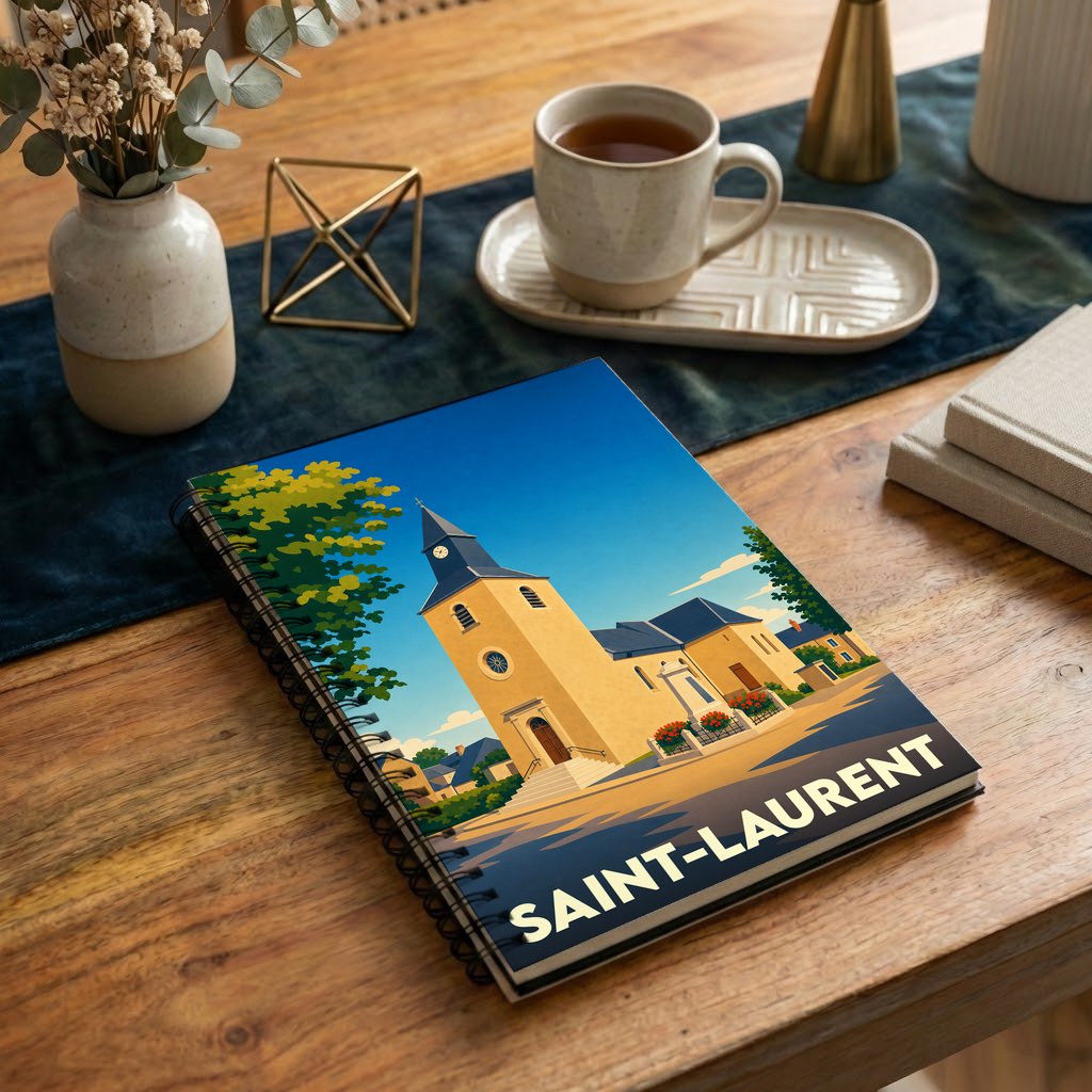 Carnet souvenir de la ville de Saint-Laurent avec une illustration stylisée de son église.