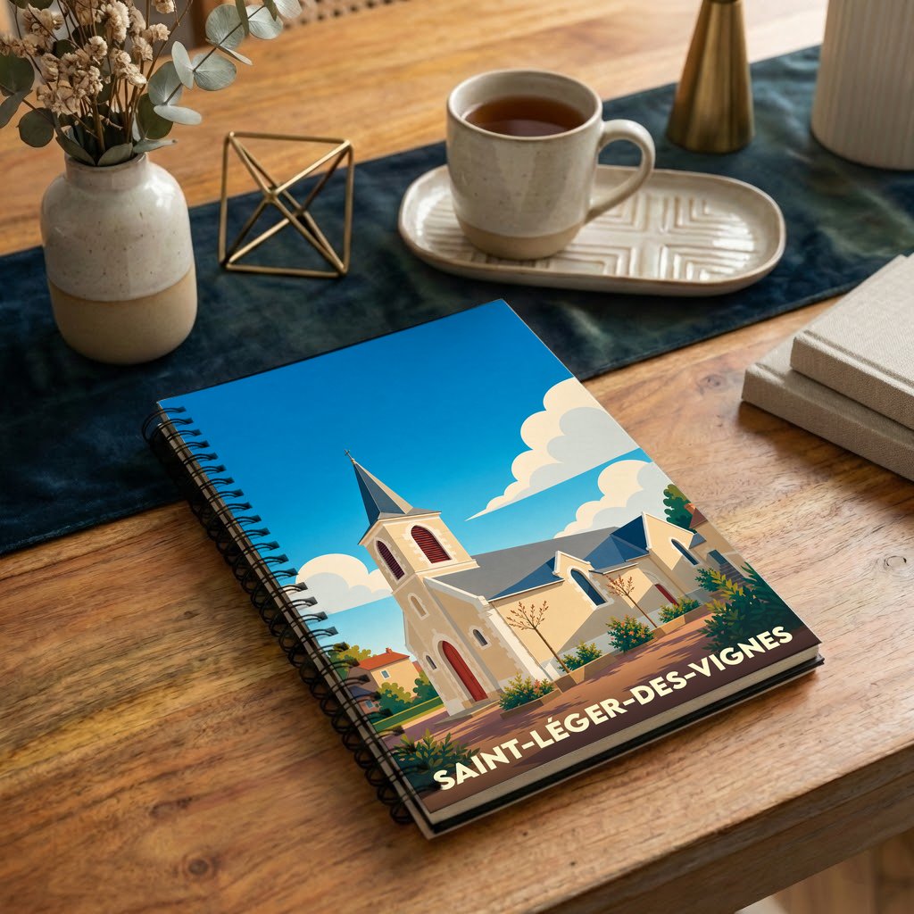 Carnet à spirales souvenir de la ville de Saint-Léger-des-Vignes avec une illustration stylisée de son église.