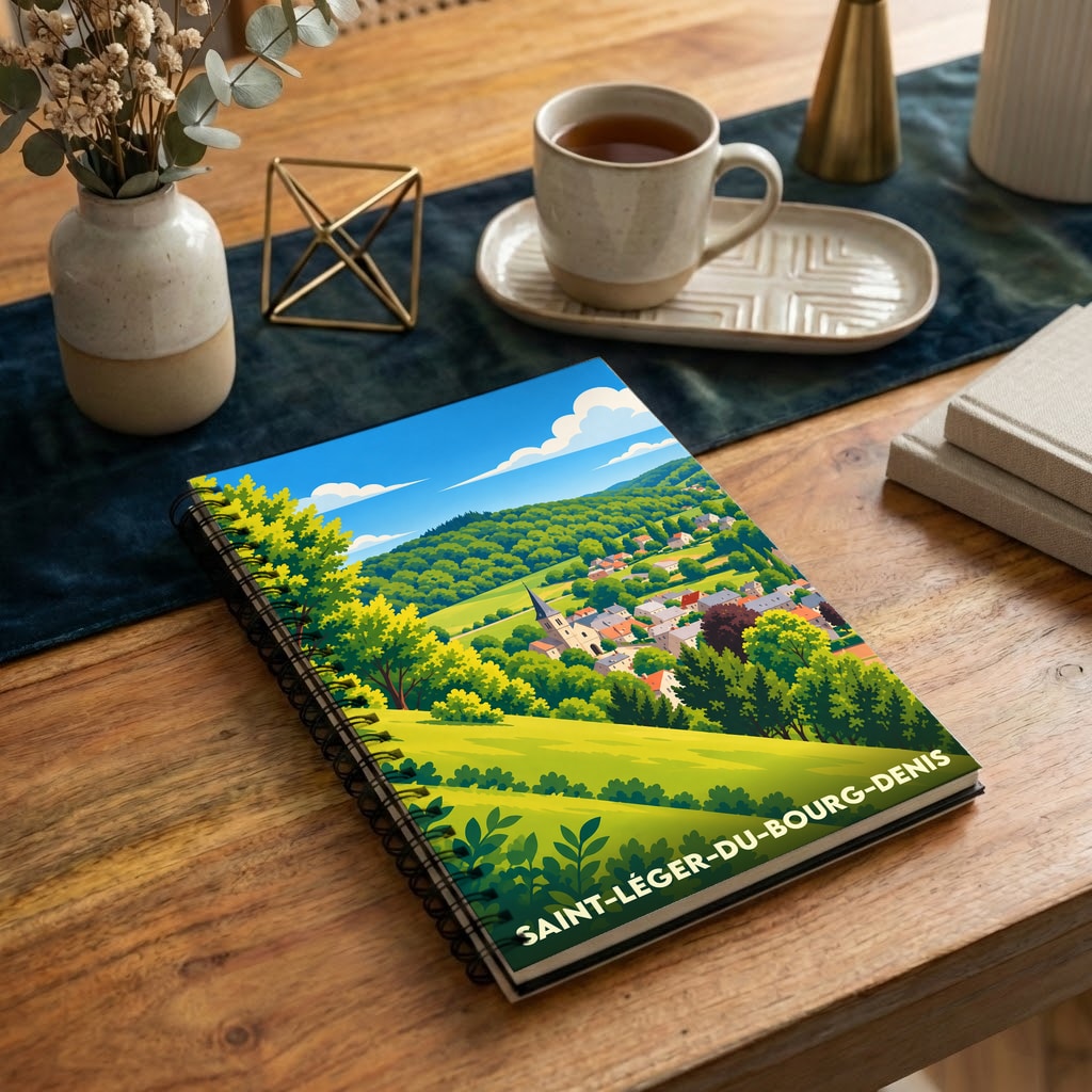 Carnet à spirales souvenir de la ville de Saint-Léger-du-Bourg-Denis avec une illustration de paysage colorée.