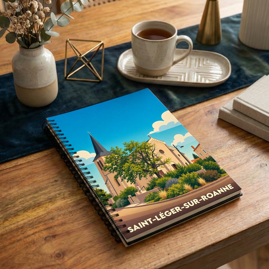 Carnet à spirales souvenir de la ville de Saint-Léger-sur-Roanne avec une illustration stylisée de son église.