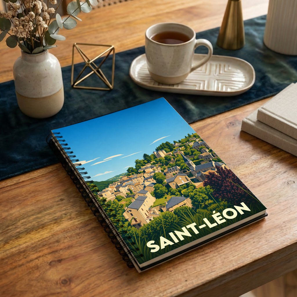 Carnet à spirales souvenir de la ville de Saint-Léon avec une illustration de paysage stylisée.