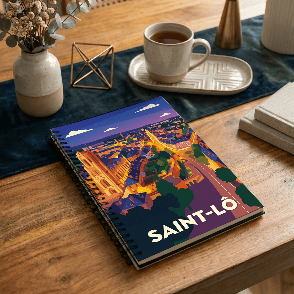 Carnet souvenir de la ville de Saint-Lô avec une illustration stylisée et colorée.