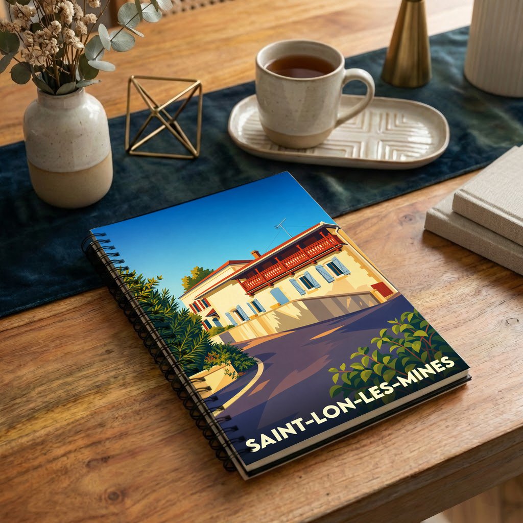 Carnet souvenir de la ville de Saint-Lon-les-Mines avec une illustration stylisée d'une maison landaise.