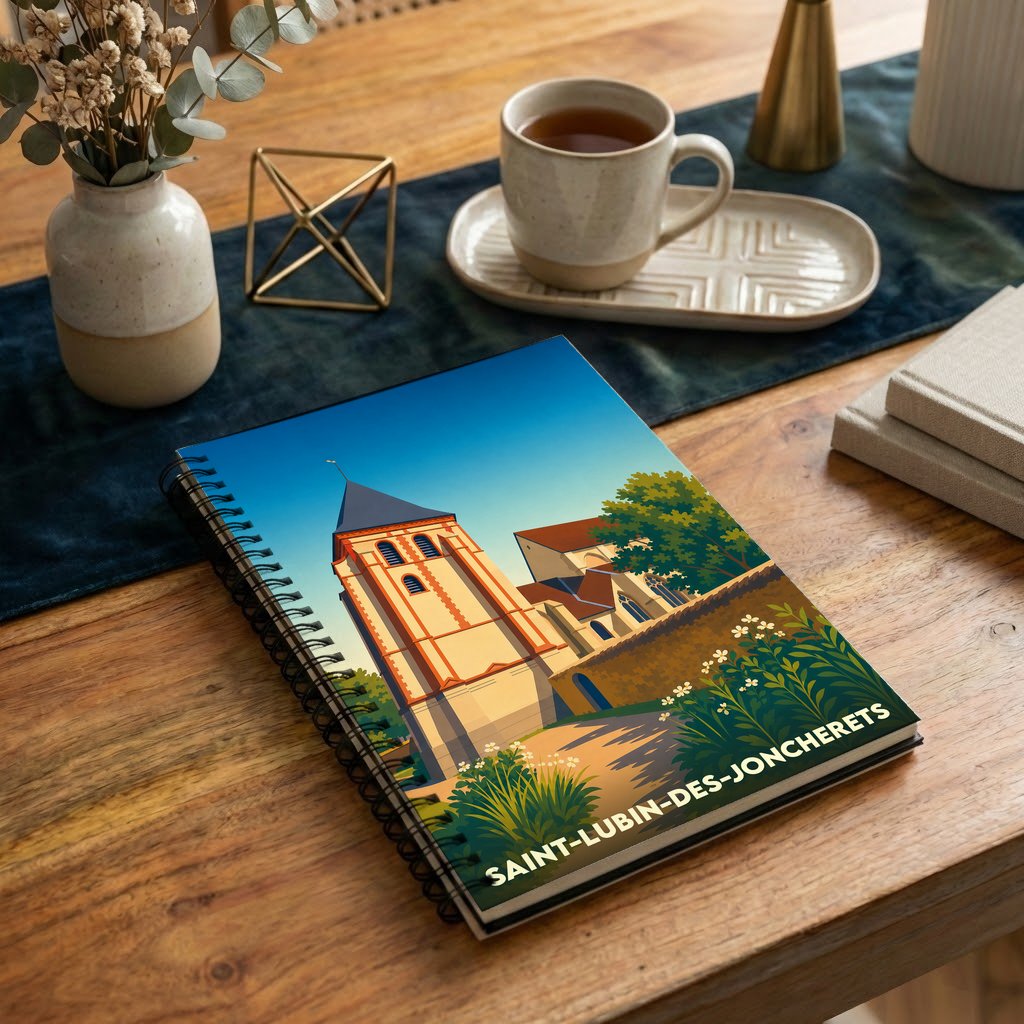 Carnet à spirales souvenir de la ville de Saint-Lubin-des-Joncherets avec une illustration stylisée de son église.