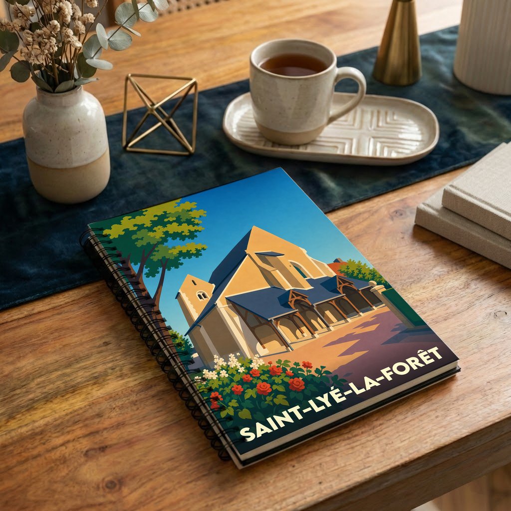 Carnet à spirales souvenir de la ville de Saint-Lyé-la-Forêt avec une illustration stylisée de son église.