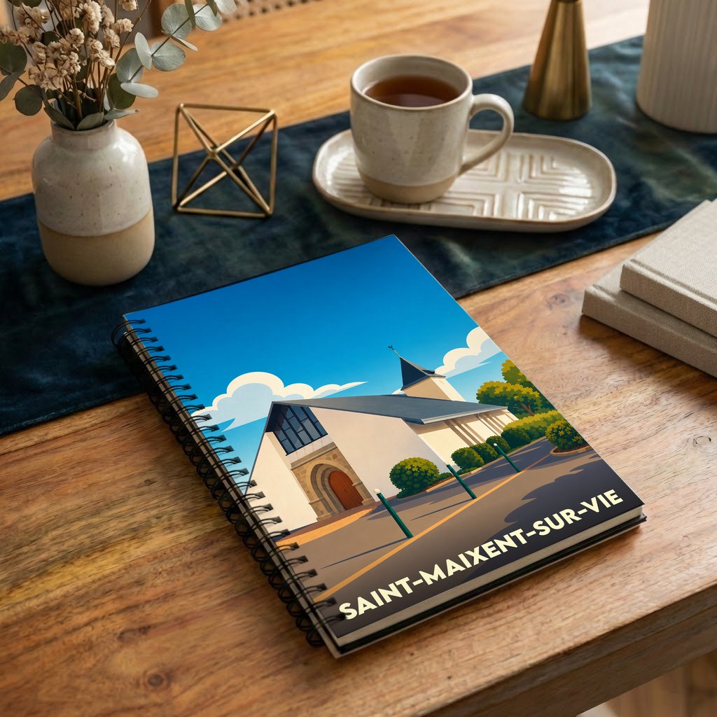 Carnet souvenir de la ville de Saint-Maixent-sur-Vie avec une illustration stylisée de son église.