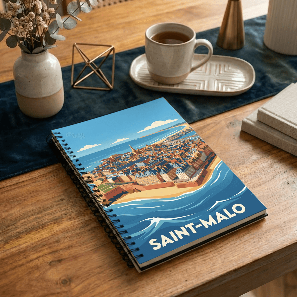 Carnet souvenir de la ville de Saint-Malo avec une illustration stylisée.