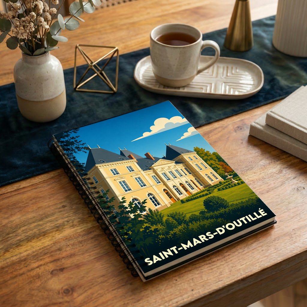 Carnet à spirales souvenir de la ville de Saint-Mars-d'Outillé avec une illustration stylisée d'un château.