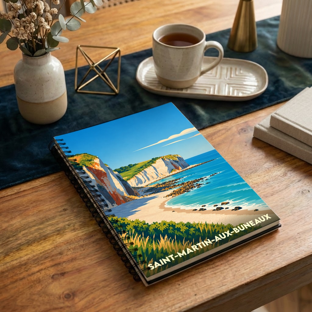 Carnet souvenir de la ville de Saint-Martin-aux-Buneaux avec une illustration stylisée de ses falaises et de sa plage.