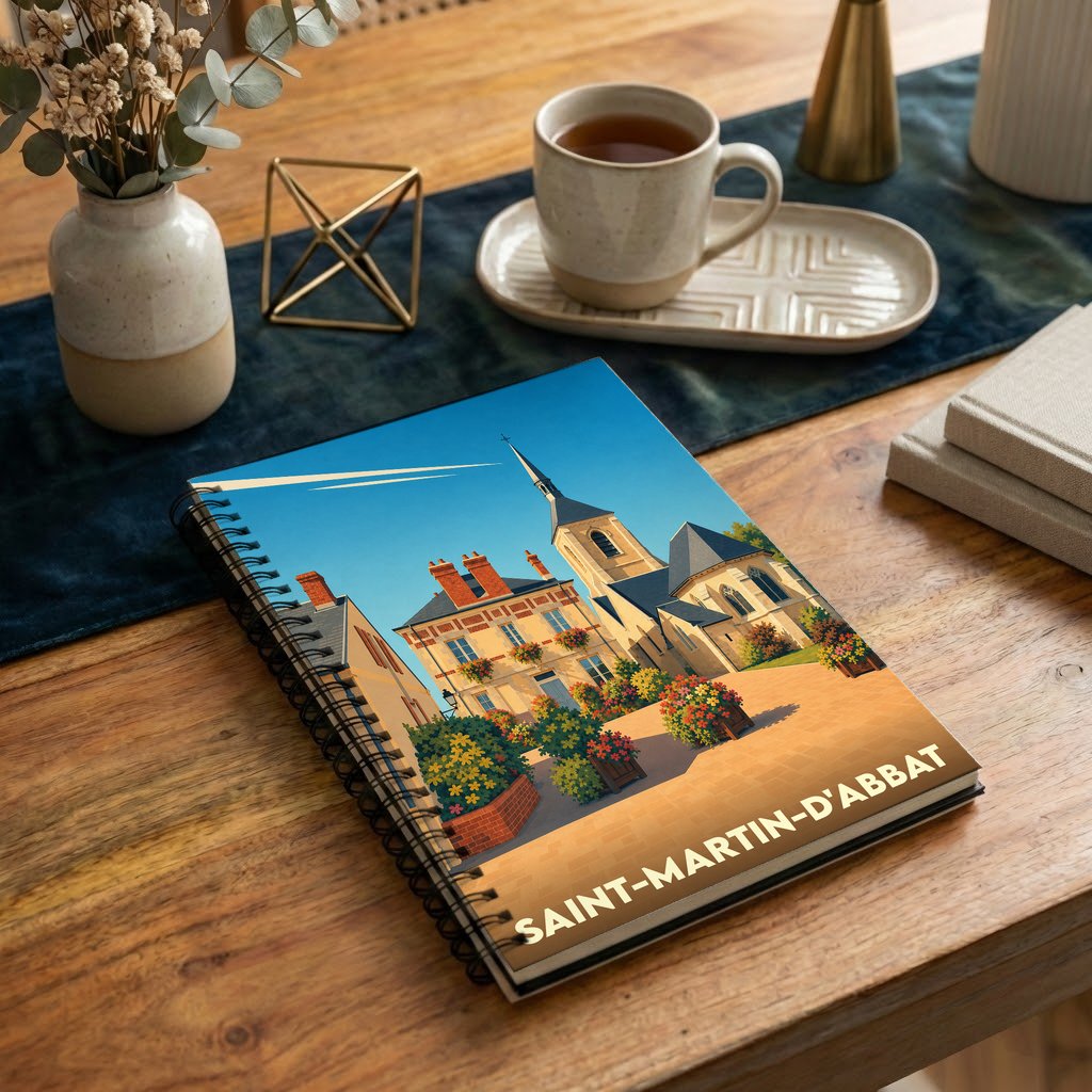 Carnet souvenir de la ville de Saint-Martin-d'Abbat avec une illustration colorée et stylisée.