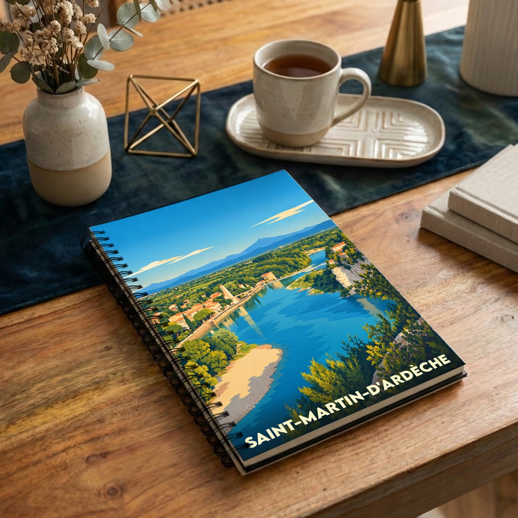 Carnet à spirales souvenir de Saint-Martin-d'Ardèche avec une illustration stylisée d'un paysage fluvial.