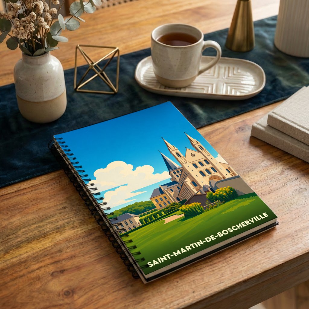 Carnet souvenir de la ville de Saint-Martin-de-Boscherville avec une illustration stylisée de son abbaye.