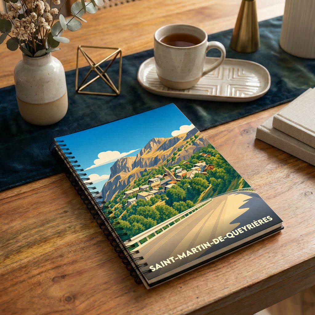 Carnet de notes à spirales avec une illustration stylisée de la ville de Saint-Martin-de-Queyrières.
