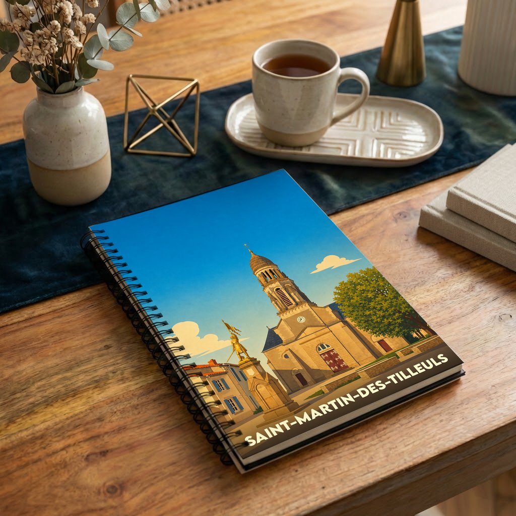 Carnet à spirale souvenir de la ville de Saint-Martin-des-Tilleuls avec une illustration stylisée de son église et d'une statue.
