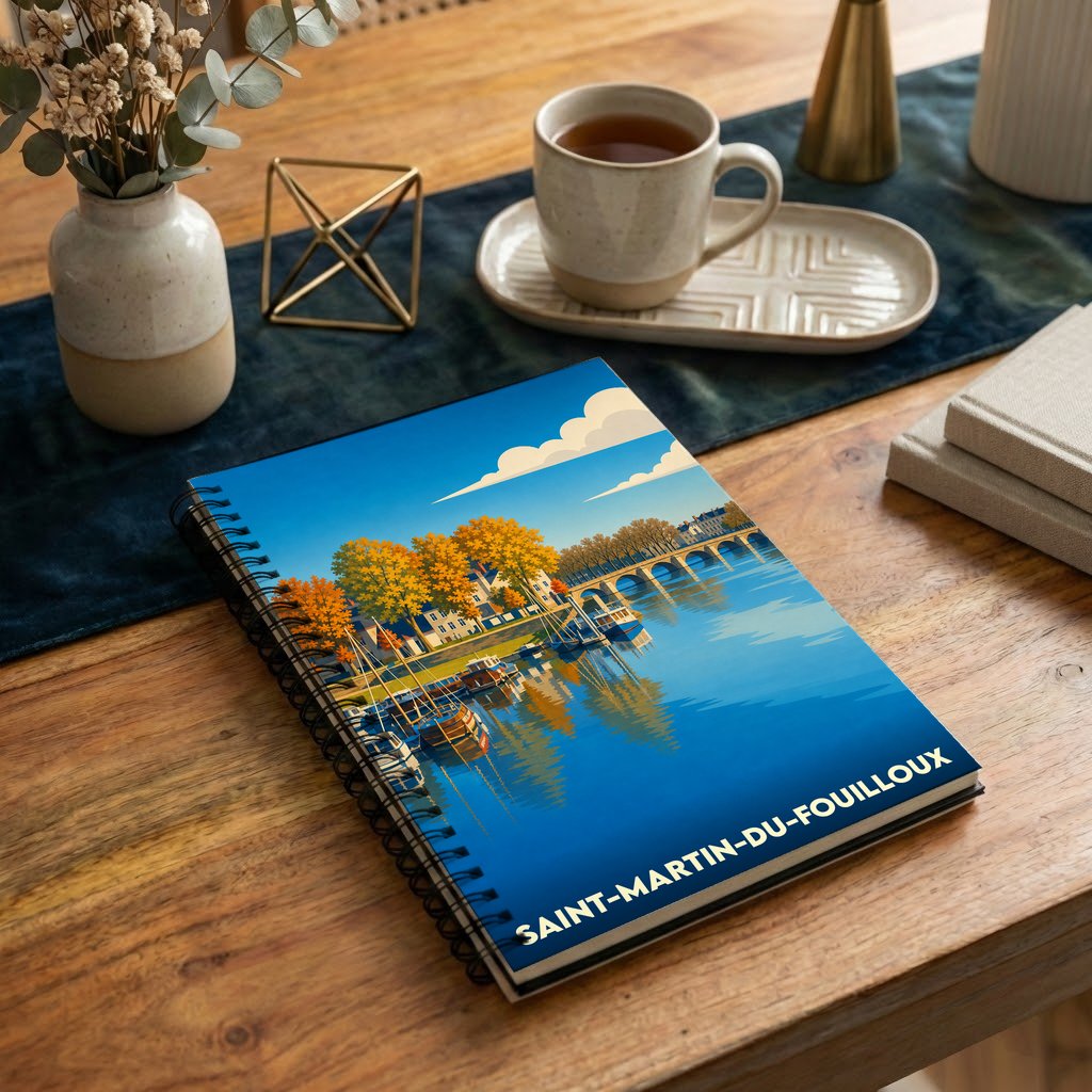 Carnet souvenir de la ville de Saint-Martin-du-Fouilloux avec une illustration stylisée d'un paysage fluvial automnal.