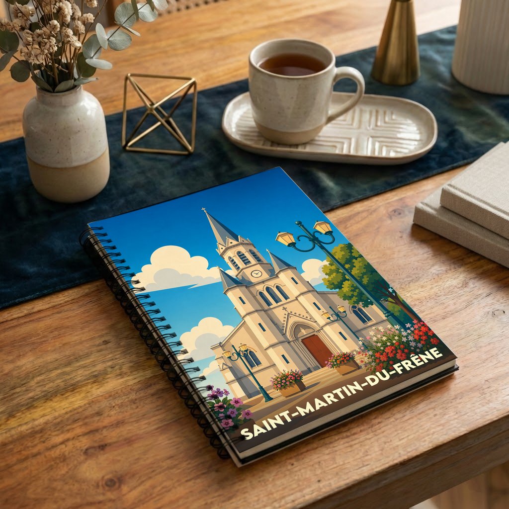 Carnet à spirales souvenir de la ville de Saint-Martin-du-Frêne avec une illustration stylisée de son église.