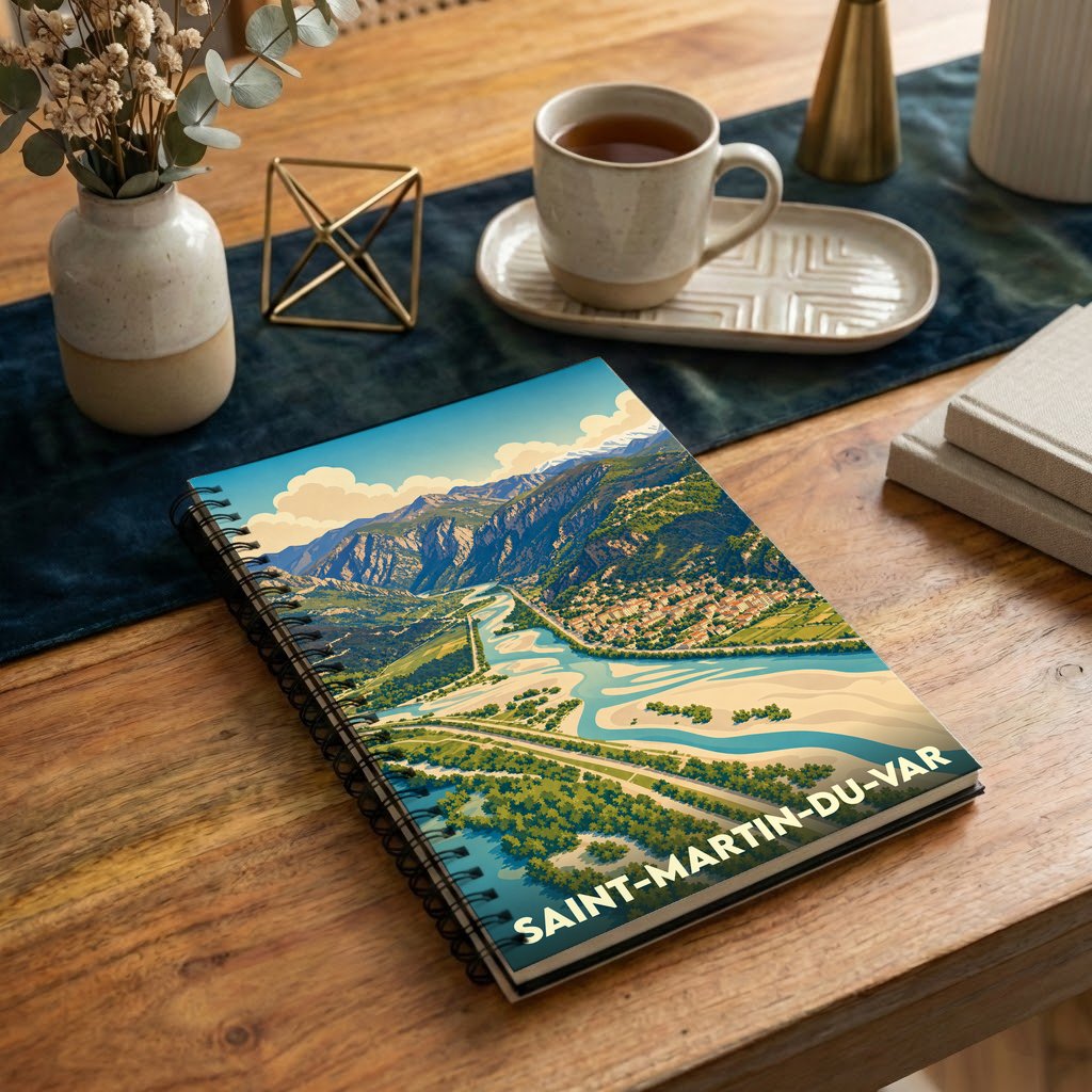 Carnet à spirales souvenir de Saint-Martin-du-Var avec une illustration paysagère stylisée de la vallée du Var.