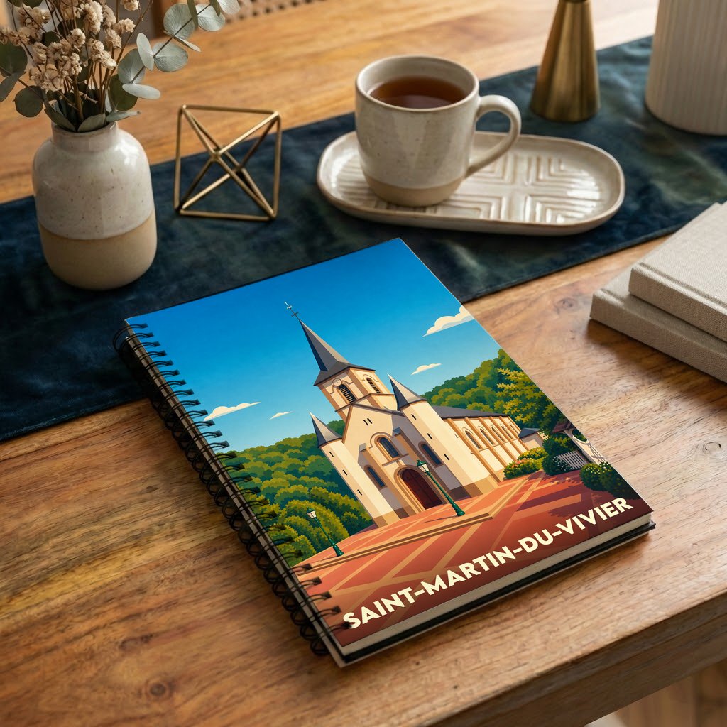 Carnet à spirales souvenir de la ville de Saint-Martin-du-Vivier avec une illustration stylisée de son église.
