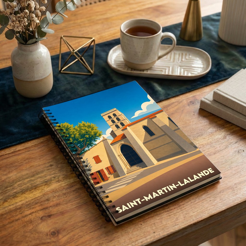 Carnet souvenir de la ville de Saint-Martin-Lalande avec une illustration stylisée de son église.