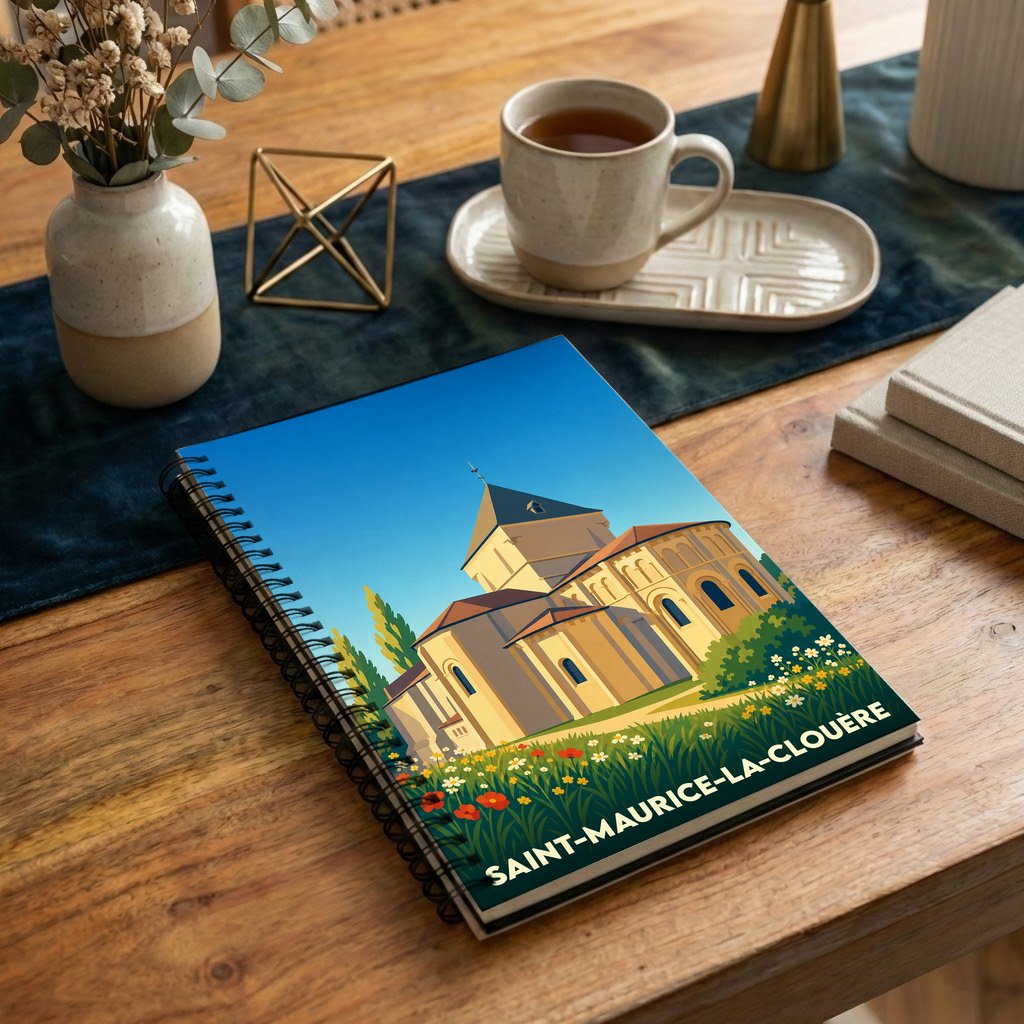 Carnet à spirales souvenir de la ville de Saint-Maurice-la-Clouère avec une illustration stylisée de son église romane.