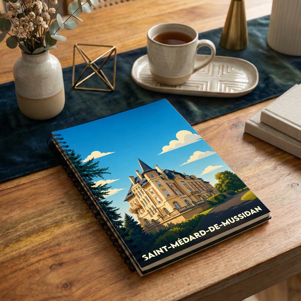 Carnet à spirales souvenir de Saint-Médard-de-Mussidan illustré par une vue stylisée de son château.