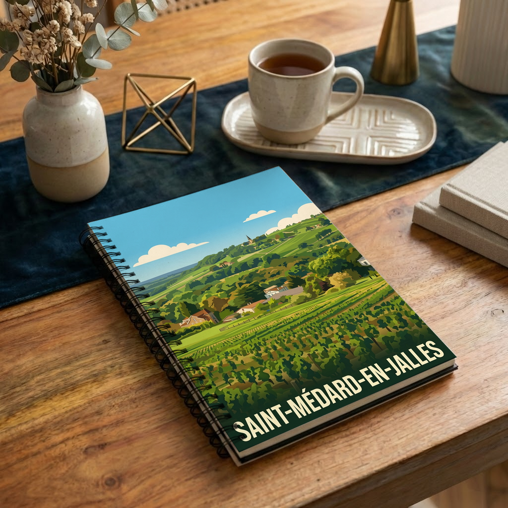 Carnet souvenir de la ville de Saint-Médard-en-Jalles avec une illustration stylisée de paysages verdoyants.