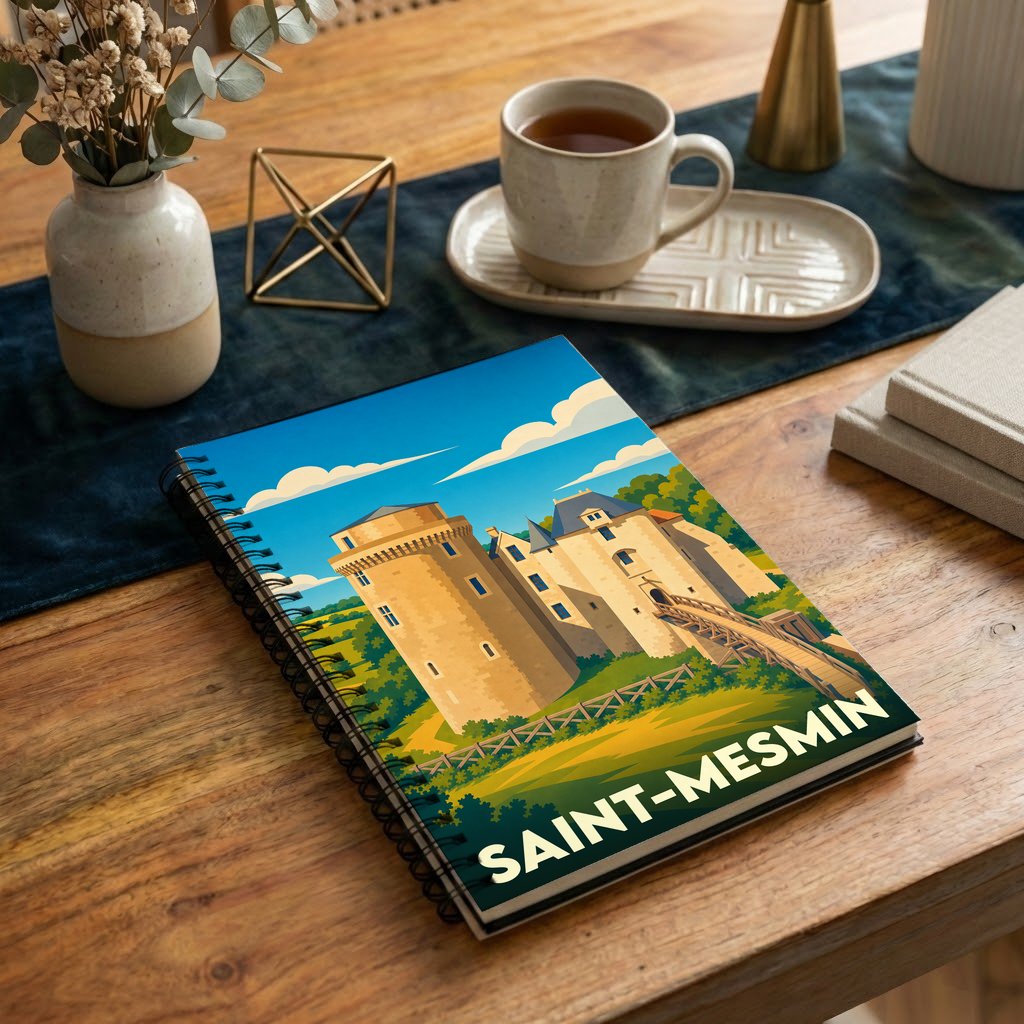 Carnet souvenir de la ville de Saint-Mesmin avec une illustration stylisée de son château.