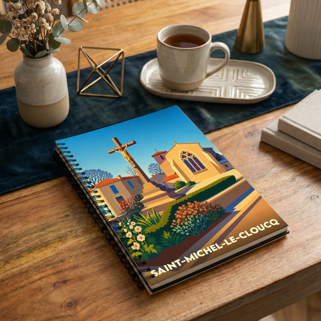 Carnet souvenir de la ville de Saint-Michel-le-Cloucq avec une illustration stylisée de son église et de son calvaire.