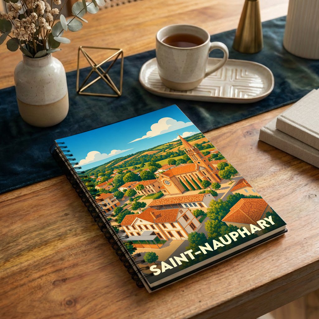Carnet à spirale souvenir de la ville de Saint-Nauphary avec une illustration colorée et stylisée du village.