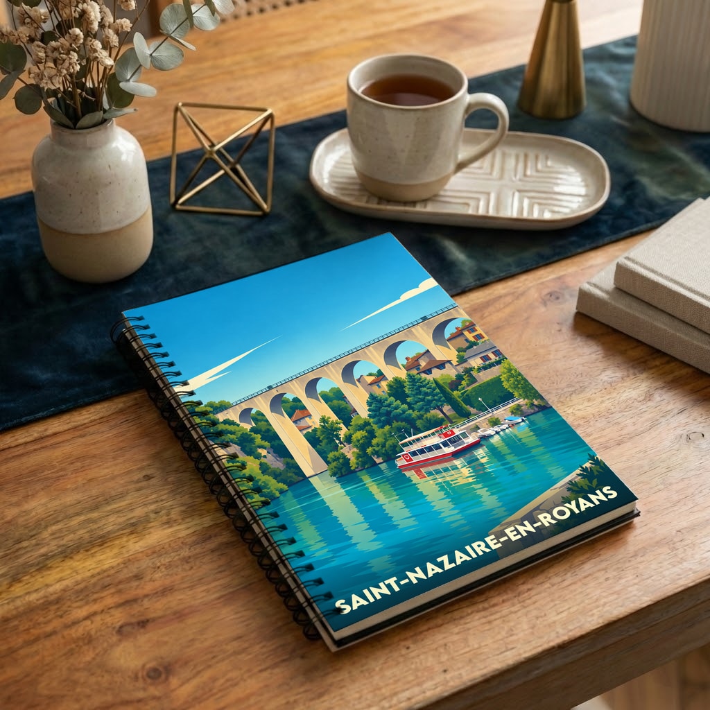 Carnet à spirales souvenir de Saint-Nazaire-en-Royans illustré d'un paysage coloré avec son célèbre viaduc.