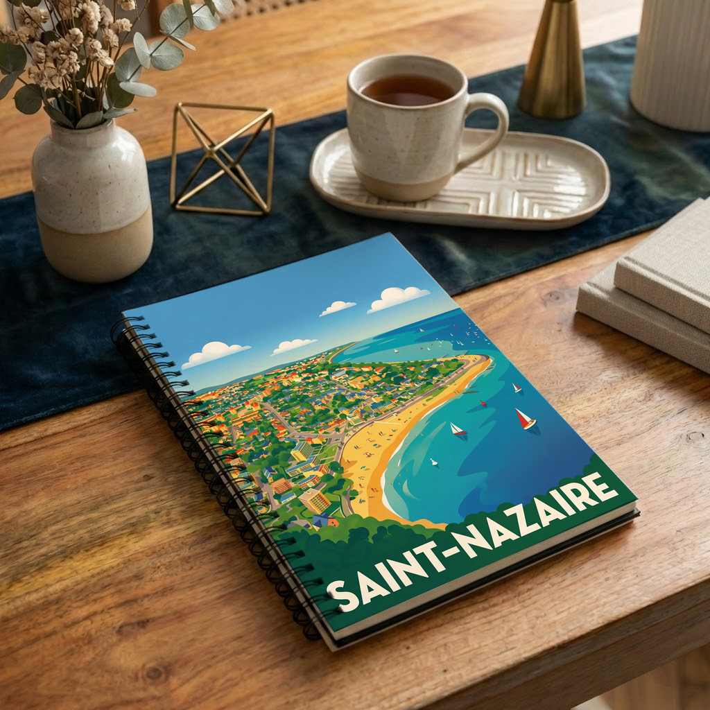 Carnet souvenir de la ville de Saint-Nazaire avec une illustration stylisée de son littoral.