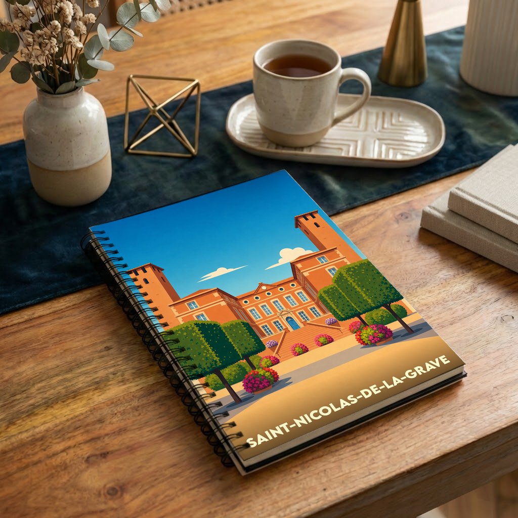 Carnet souvenir de la ville de Saint-Nicolas-de-la-Grave avec une illustration stylisée de son château.