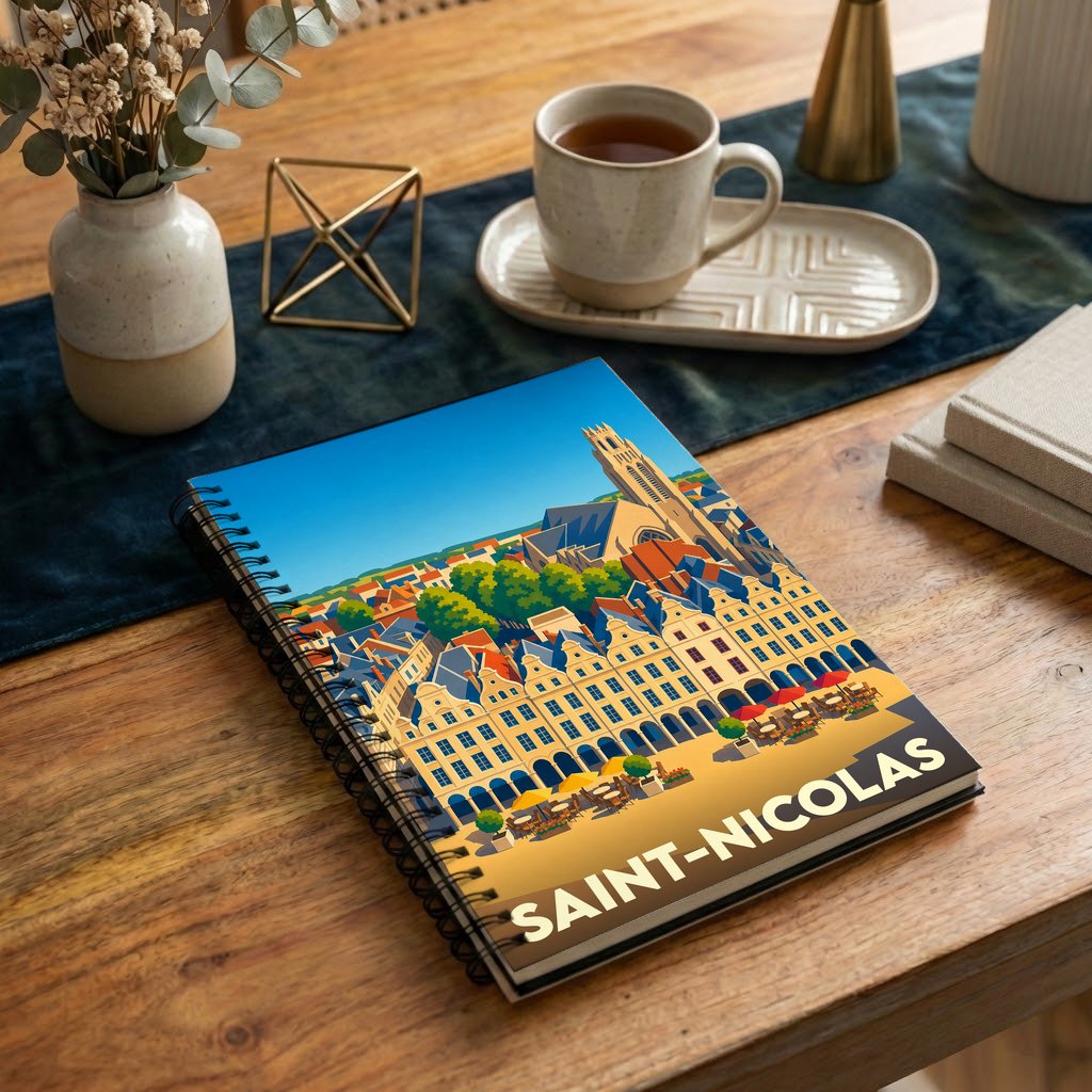 Carnet de notes souvenir de la ville de Saint-Nicolas avec une illustration stylisée et colorée.