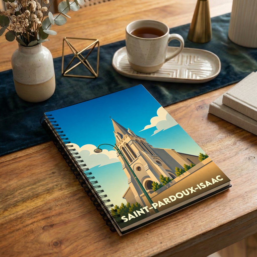 Carnet à spirale souvenir de la ville de Saint-Pardoux-Isaac illustré par un dessin stylisé de son église.