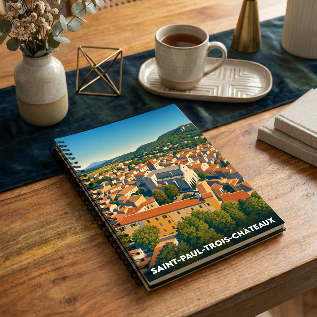 Carnet à spirales souvenir de la ville de Saint-Paul-Trois-Châteaux avec une illustration stylisée.