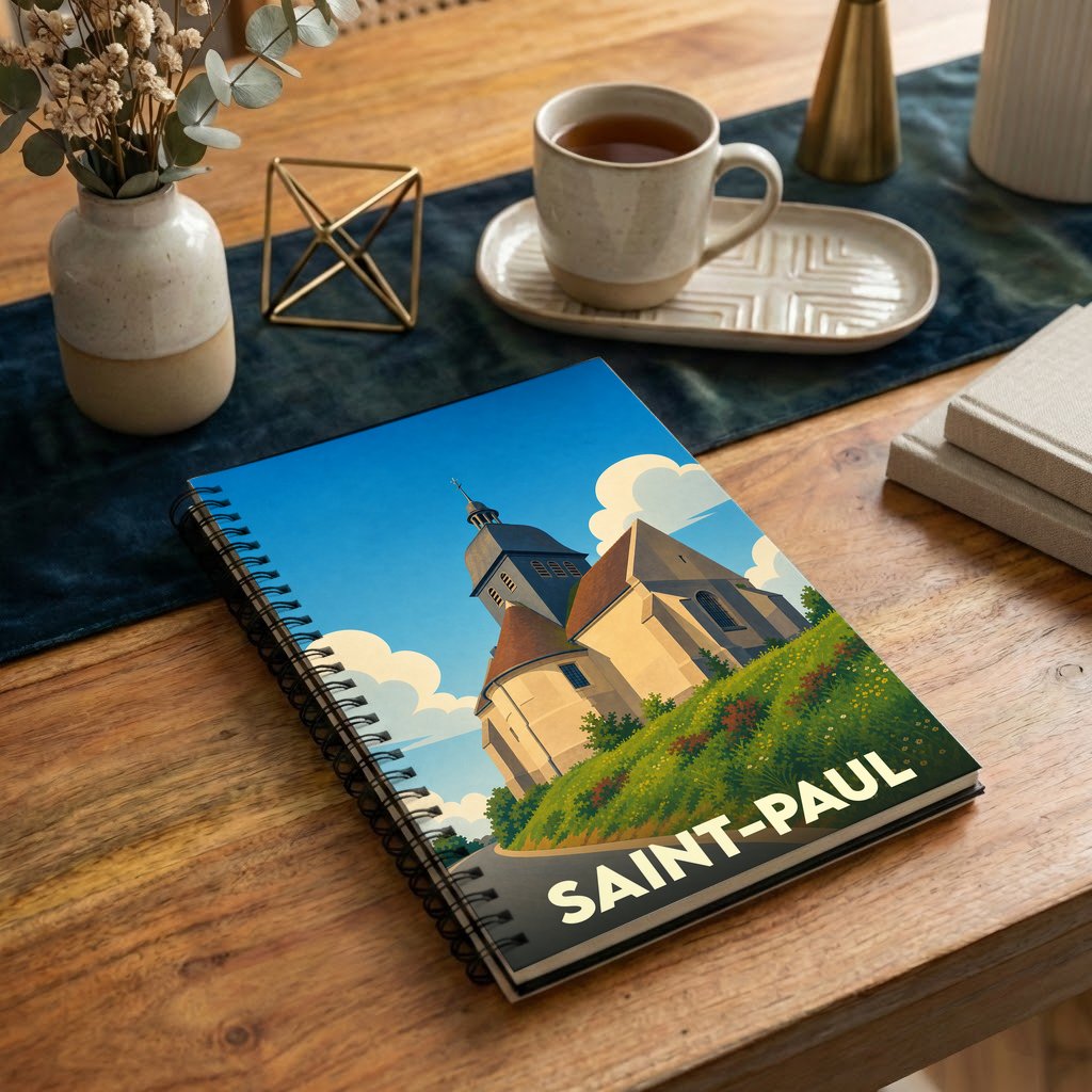 Carnet à spirales souvenir de la ville de Saint-Paul avec une illustration stylisée de son église.