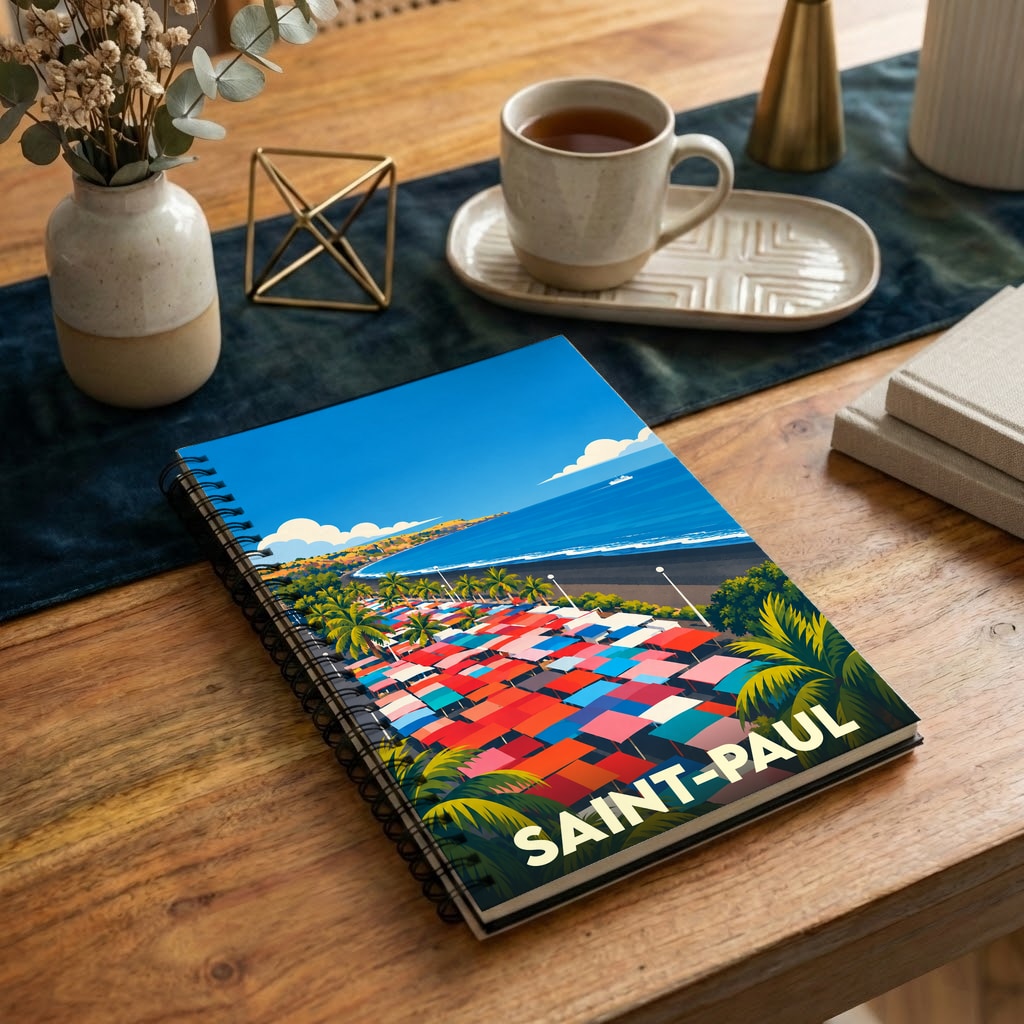 Carnet à spirale souvenir de la ville de Saint-Paul orné d'une illustration stylisée de son marché de bord de mer.